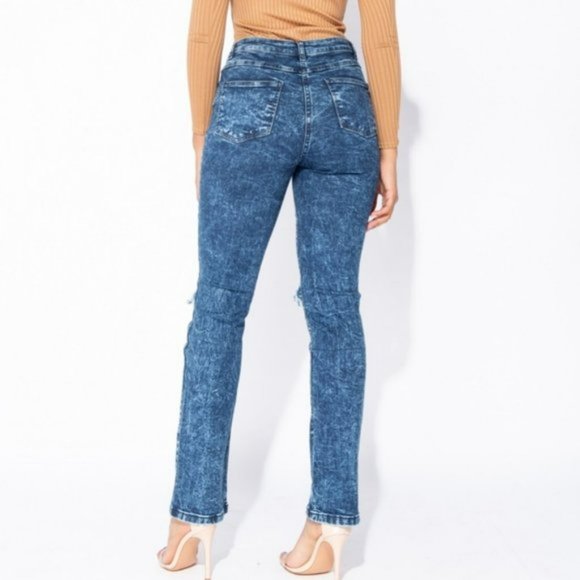 Blue Acid Wash High Waist Ripped Distressed Straight Leg Jeans Denim - Picture 5 of 13